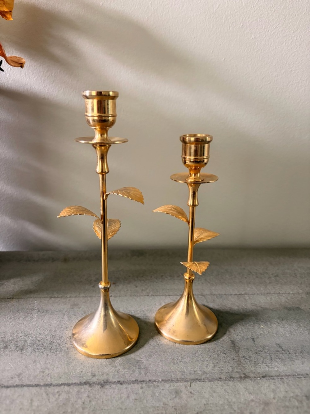 Pair Vintage Brass Leaf Stem Taper Candlesticks